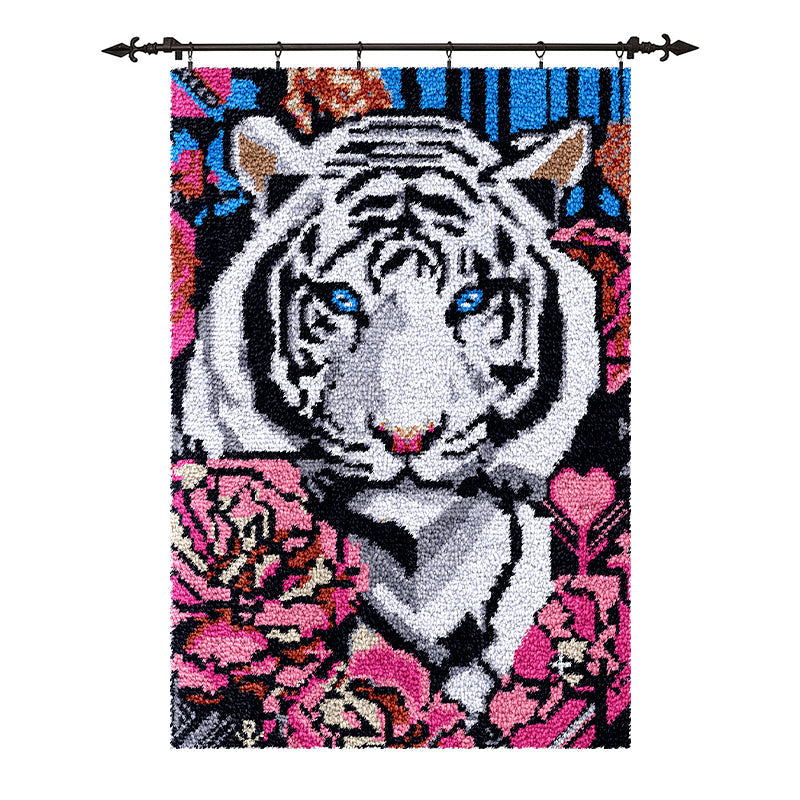 White Tiger with Flowers Latch Hook Rug Kit, Large Size DIY Rug Craft Set
