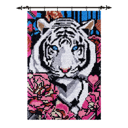 White Tiger with Flowers Latch Hook Rug Kit, Large Size DIY Rug Craft Set
