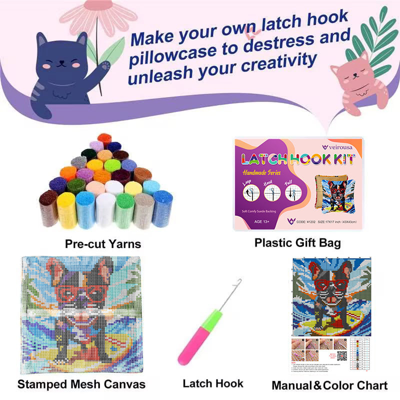 Surfing Bulldog Latch Hook Pillow Kit