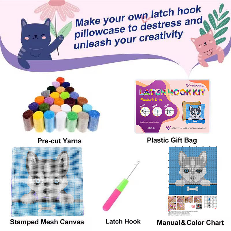Husky Puppy Latch Hook Pillow Kit