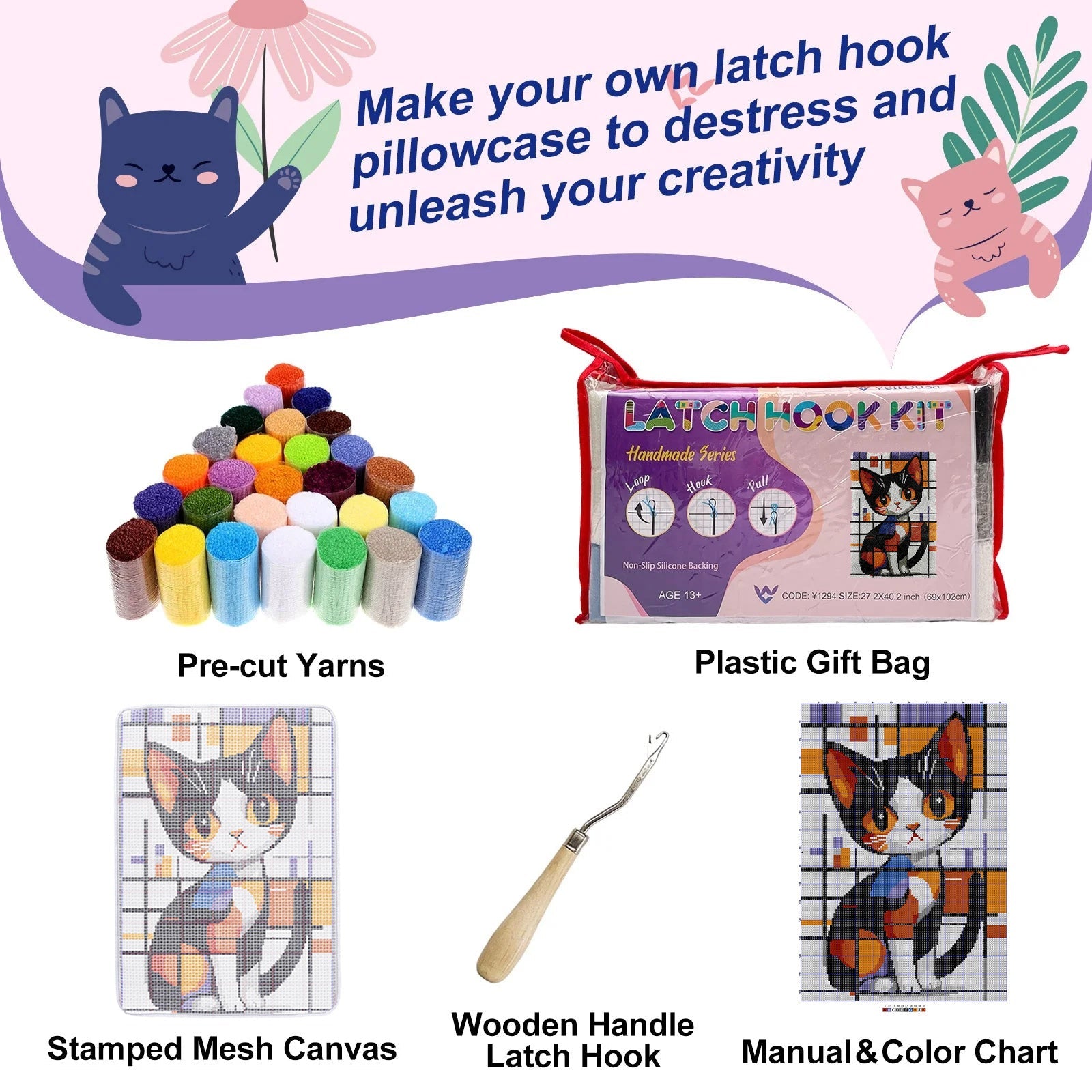 Elegant Cat Latch Hook Rug Kit – Large Size DIY Craft