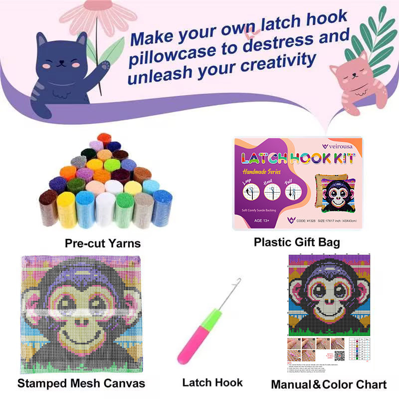 Smiling Gorilla Latch Hook Pillow Kit