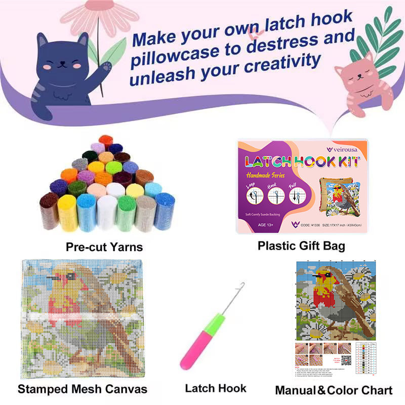 Robin Bird with Daisy Latch Hook Pillow Kit