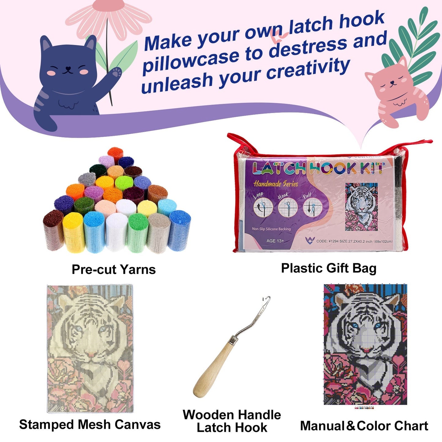 White Tiger with Flowers Latch Hook Rug Kit, Large Size DIY Rug Craft Set