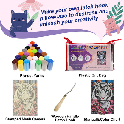 White Tiger with Flowers Latch Hook Rug Kit, Large Size DIY Rug Craft Set