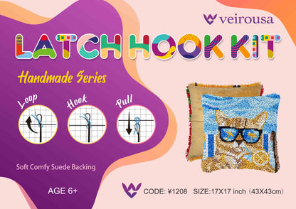 Cool Orange Cat Latch Hook Pillow Kit