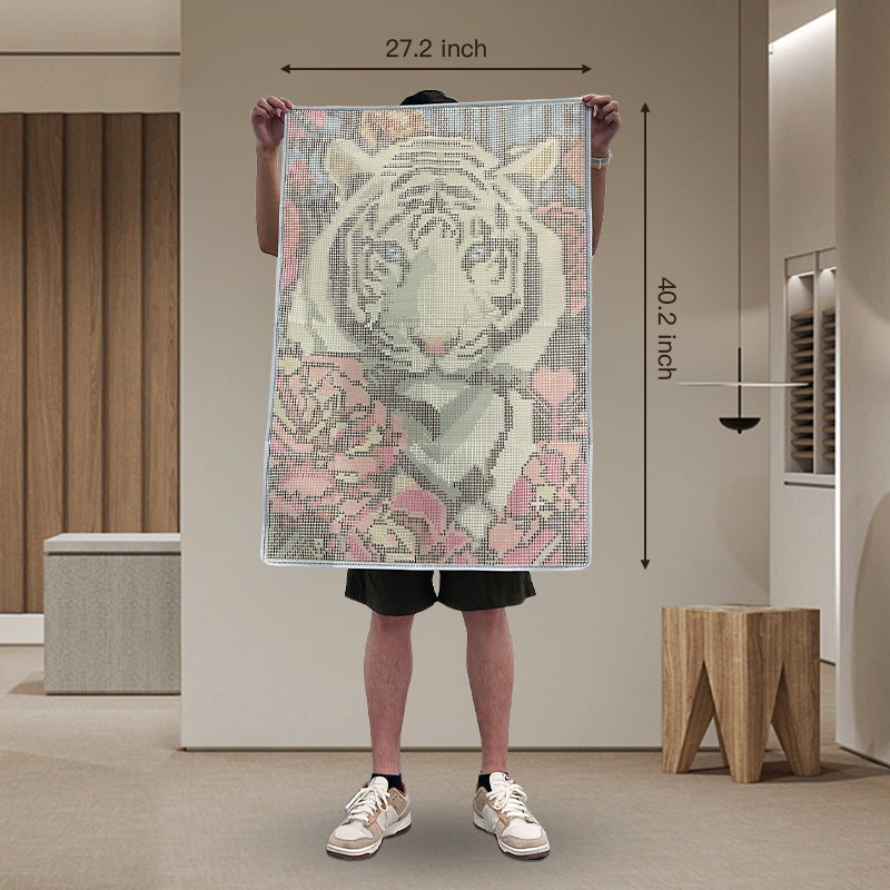 White Tiger with Flowers Latch Hook Rug Kit, Large Size DIY Rug Craft Set