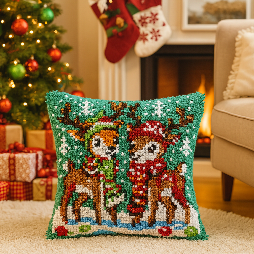 Veirousa Christmas Couple Deers Latch Hook Pillow Kit