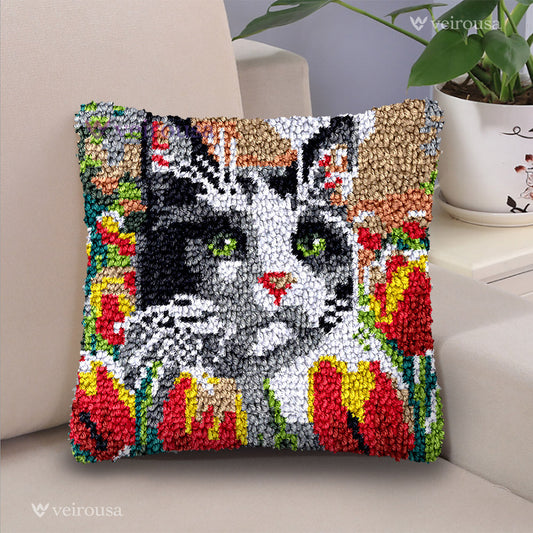 Veirousa Tulips and Cat Latch Hook Pillow Kit
