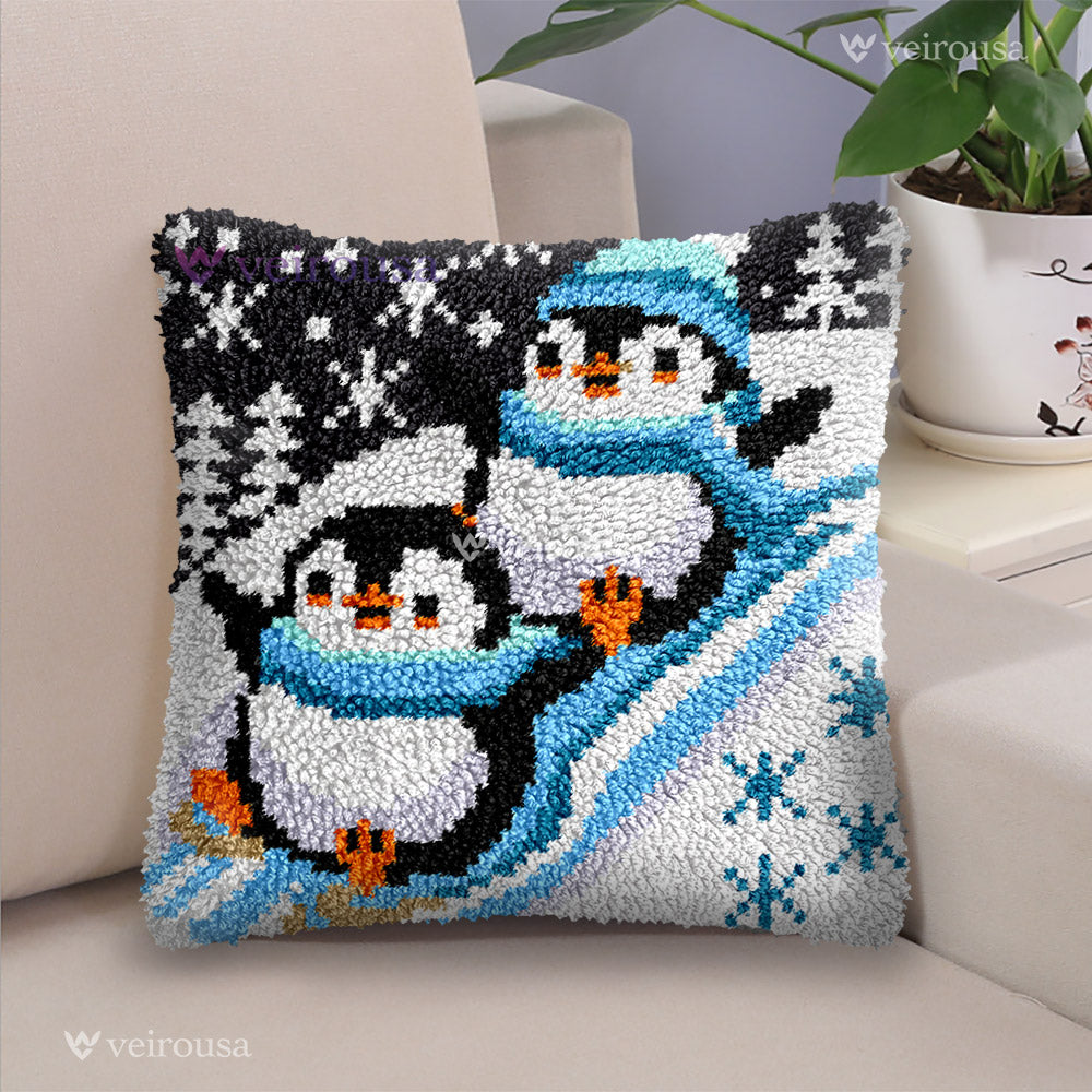 Veirousa Two Skiing Penguins Latch Hook Pillow Kit
